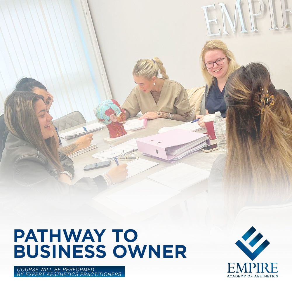 Group of people in a meeting room with text about a pathway to business ownership and Empire Academy of Aesthetics