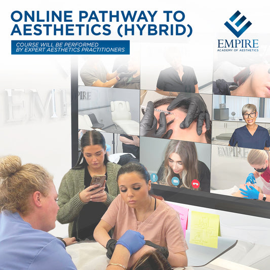 Empire Academy of Aesthetics' Online Pathway to Aesthetics hybrid course with students and instructors.